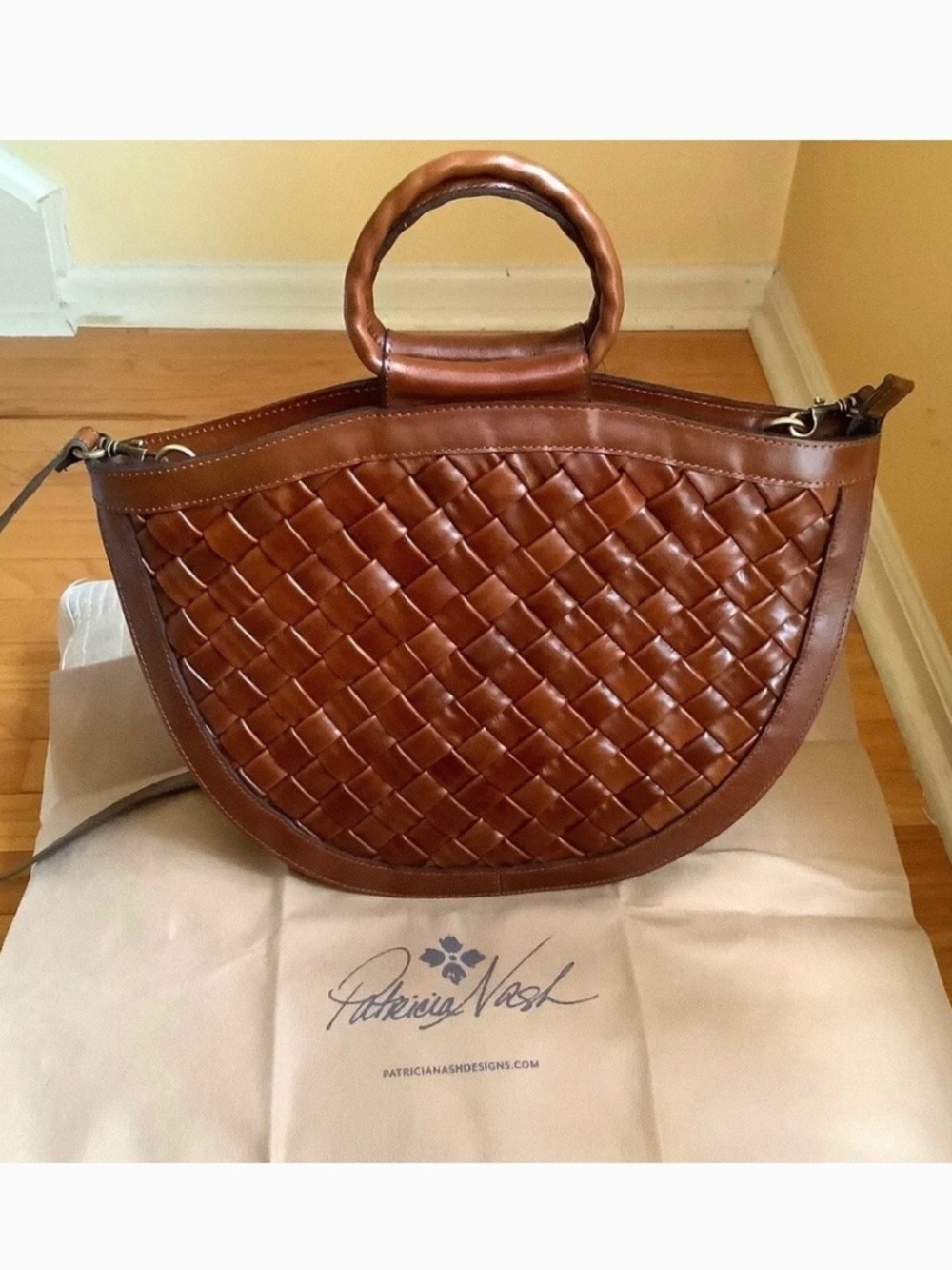 Patricia Nash Woven Leather Oliena Top Handle Satchel Crossbody Cognac SZ Large